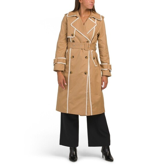 7 For All Mankind Jackets & Blazers - NWT 7 For All Mankind Belted Trech Coat SZ L Tan White Crochet trim Lined